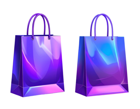  Pair of Holographic Shopping Bag Icons in Purple and Blue, Front View, Isolated PNG