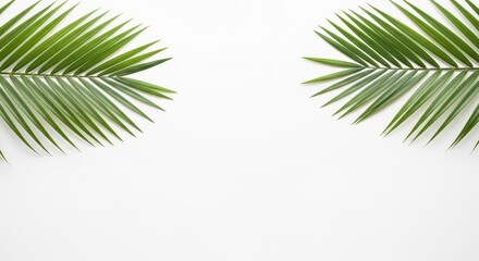 Two large green palm leaves symmetrically placed on a white background
