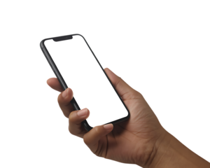 Hand Holding Smartphone with Blank White Screen on Black Background mobile phone