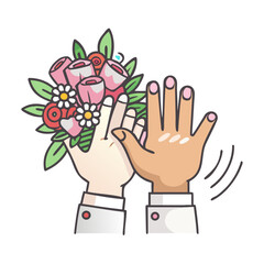 Hands of bride and groom with wedding rings on beautiful bouquet of roses.