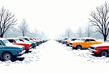 Colorful parked cars covered in snow in a winter landscape