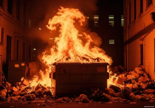 Burning dumpster in dark alley with flames engulfing surroundings