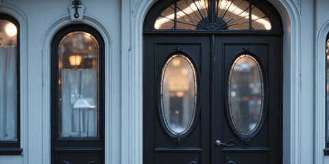 Vintage Double Doors Window Frame Ornate Detail Glowing Light Architectural Element Close-up focusing on ornate vintage double doors with arched