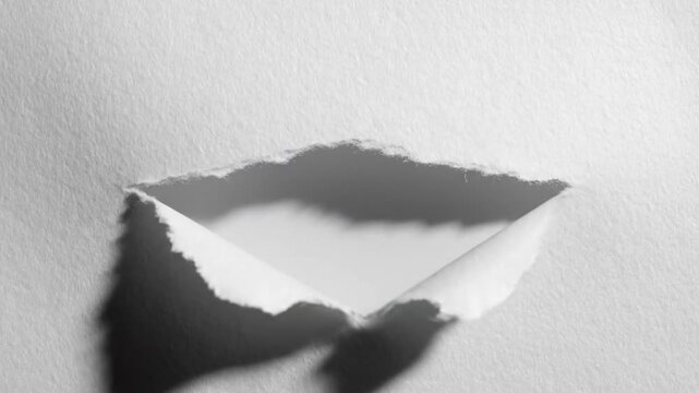 Minimalist black and white image of a ripped hole in paper with a soft shadow and subtle texture