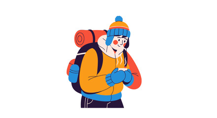 Fototapeta premium Adventurer Enjoying Hot Beverage While Camping in Cold Season With a Backpack