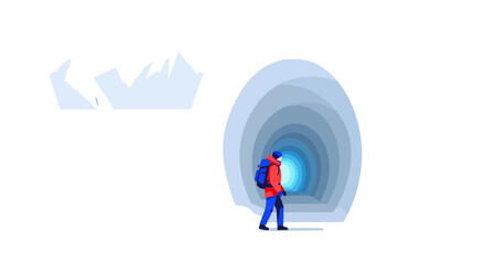 Obraz premium Adventurer Entering Mysterious Tunnel, Exploring Frozen Wilderness, Facing the Unknown