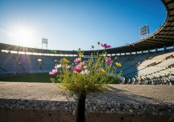 Wildflowers bloom in a crack on the concrete ledge of a large, empty stadium under a bright blue sky