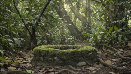 A smooth flat stone platform covered with light moss