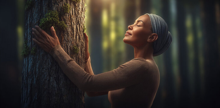 Black woman with eyes closed embracing tree in quiet forest at sunrise