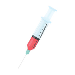 A syringe with blood on a white background. A medical syringe with a red injection.