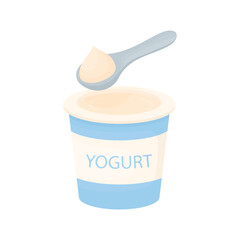 An open yogurt pack with a spoon isolated on a white background. Fermented milk product. Healthy nutrition. Yogurt spoon