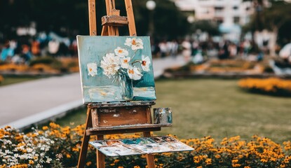 Easel displays floral artwork amidst a park setting with blooming flowers.