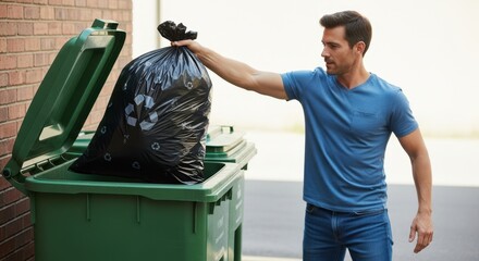 Man collecting household garbage to dispose of black trash bag with recycling symbol into green wheelie bin. Waste management and environmental care concept.