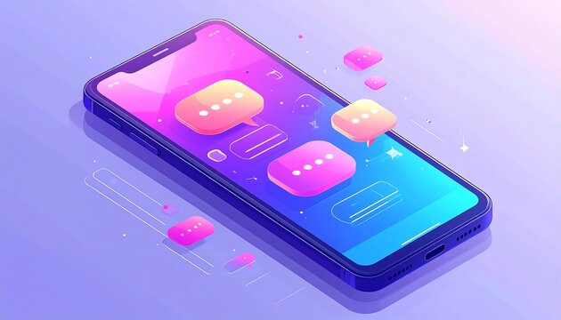 Phone displaying chat bubbles, isometric perspective, with a vibrant gradient background