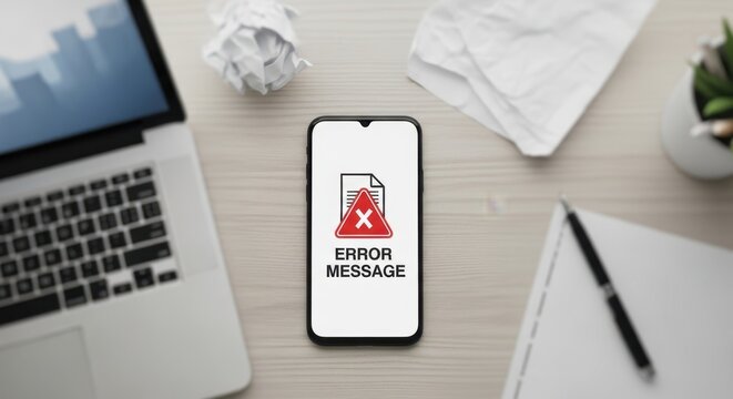 Cell phone displaying an error message on screen. System problem, failed transaction, or warning concept for technology and business.