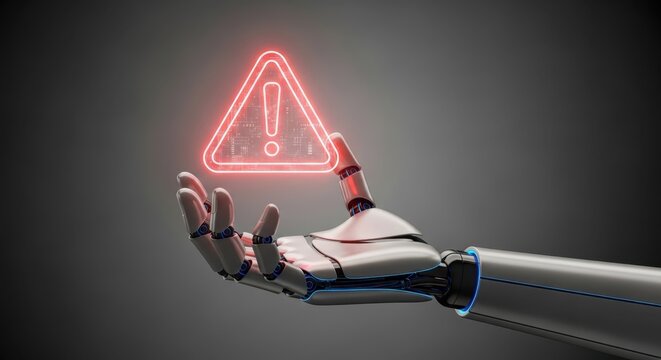 Robot hand holding a red digital warning sign with circuit board pattern. Artificial intelligence risk management and data security concept.
