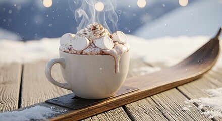 Hot chocolate with marshmallows and whipped cream on ski winter holiday beverage delicious treat