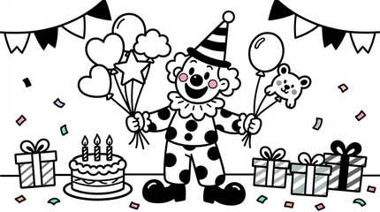 Naklejka premium Coloring page of clown with cake and balloons at children's birthday, fun and festive atmosphere