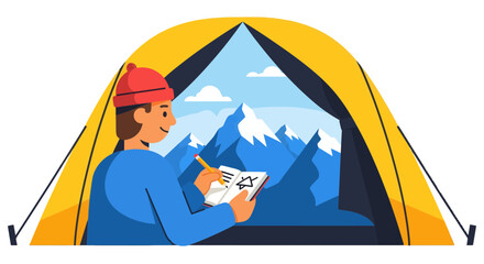 Fototapeta premium Adventurer In Tent Capturing Majestic Mountain Scenery With Pencil And Paper Today