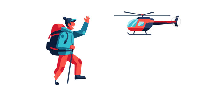 Adventurer Signaling a Helicopter for Aerial Rescue in a Minimalist Vector Style