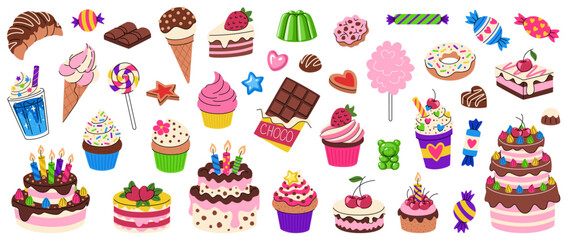 Festive cartoon desserts, baked goods, and candies set. Sweet food collection, birthday cake, cupcakes, ice cream, chocolate, and drinks. Bright sweets for holiday design. Vector illustration.
