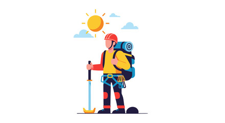 Adventurer Standing Under a Sunny Sky, Ready for a Challenging Mountain Expedition