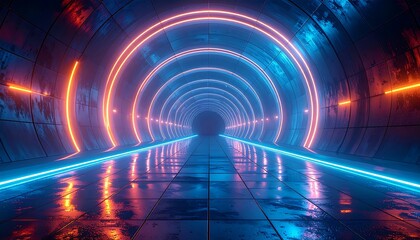Neon tunnel with tiles reflecting light, blue and red glow lights stretching into darkness