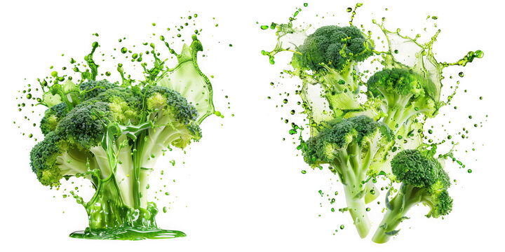 Dynamic splash of vibrant green juice on fresh broccoli florets, highlighting healthy eating and vitality. isolated on transparent background