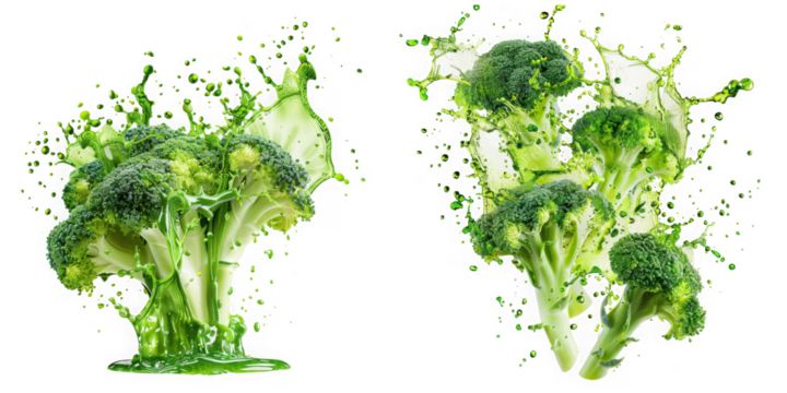 Dynamic splash of vibrant green juice on fresh broccoli florets, highlighting healthy eating and vitality. isolated on transparent background