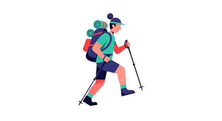 Fototapeta premium Adventurer Striving Forward on a Journey with Hiking Gear and Trekking Poles in Action