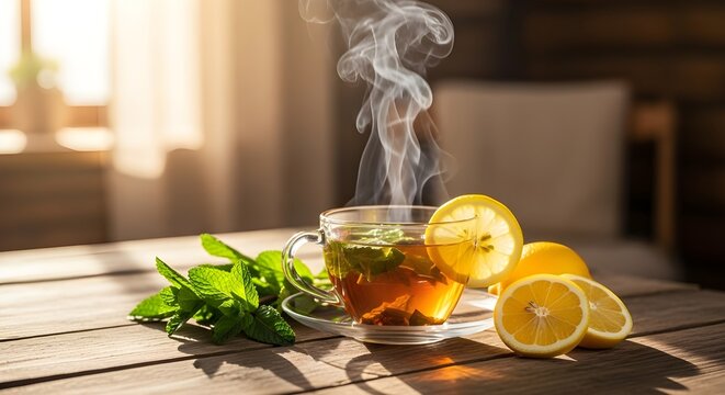 Steaming cup of tea with lemon and mint on wooden table