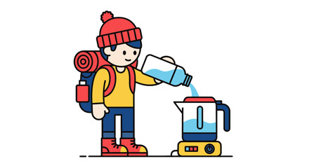 Adventurer Prepares Drink By Pouring Water Into Kettle Under A Black Backdrop