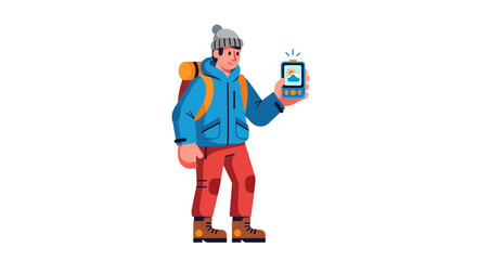 Adventurer Using Smartphone Outdoors Showing The Current Weather Forecast Illustration