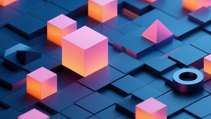 Vivid glowing cubes and geometric forms float on a dark, abstract surface. Modern digital atmosphere, perfect for technology, data, and creative design visuals. - Powered by Adobe