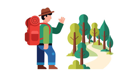 Obraz premium Adventurer Wandering Through Forest with Path and a Red Backpack Hiking Towards Nature Path