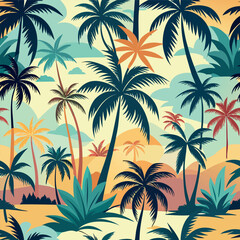 Tropical palm tree pattern with sunset colors and beach background