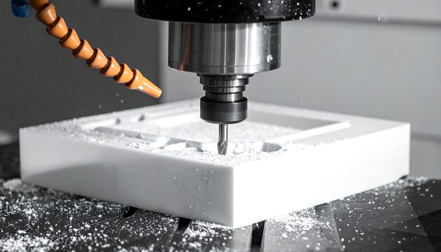Milling machine precisely cuts white material, surrounded by shavings, with a coolant hose nearby