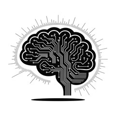 Fototapeta premium Stylized black brain silhouette with integrated circuit pathways and radiating lines white