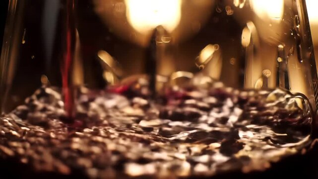 Closeup of dark roasted coffee beans being poured into a glass container creating a rich swirling pattern and small bubbles highlighting the freshness and aroma of the brewing process. - Powered by Adobe