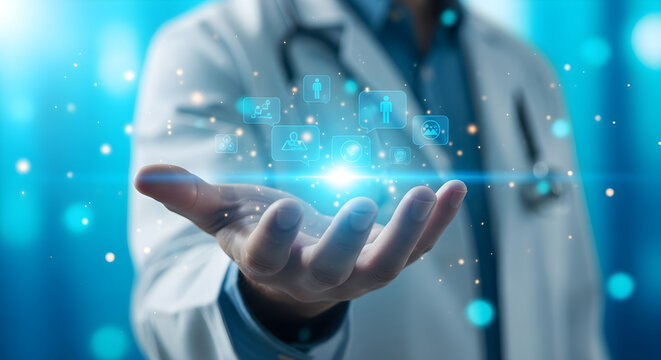 Doctor holding glowing particles in open palm with futuristic blue bokeh background