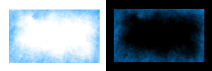 Realistic square blue smoke frame with soft edges and transparent texture shown on white and black backgrounds for design use