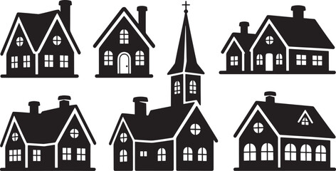 Six black silhouette icons of houses and a church building with chimneys and windows Keywords: house, home, building, church, architecture, silhouette, icon, symbol, residential, religious