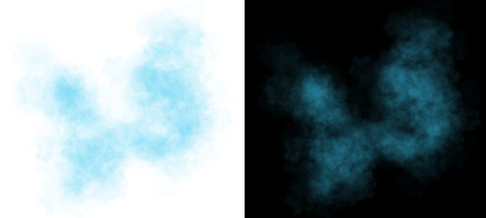 Realistic yellow smoke cloud with soft edges and transparent texture shown on white and black backgrounds for design use