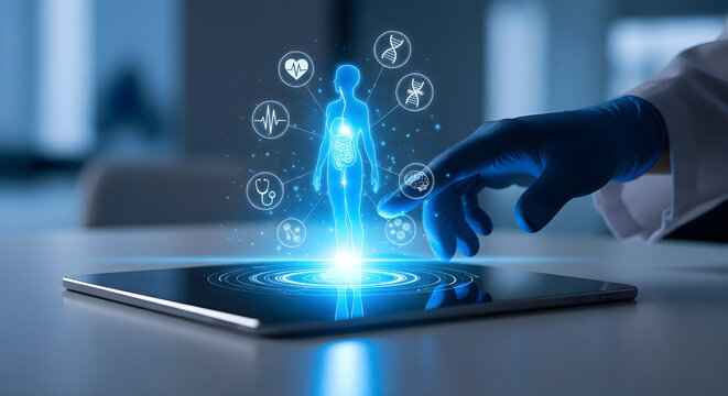 Doctor interacting with futuristic holographic human anatomy display on tablet - Powered by Adobe