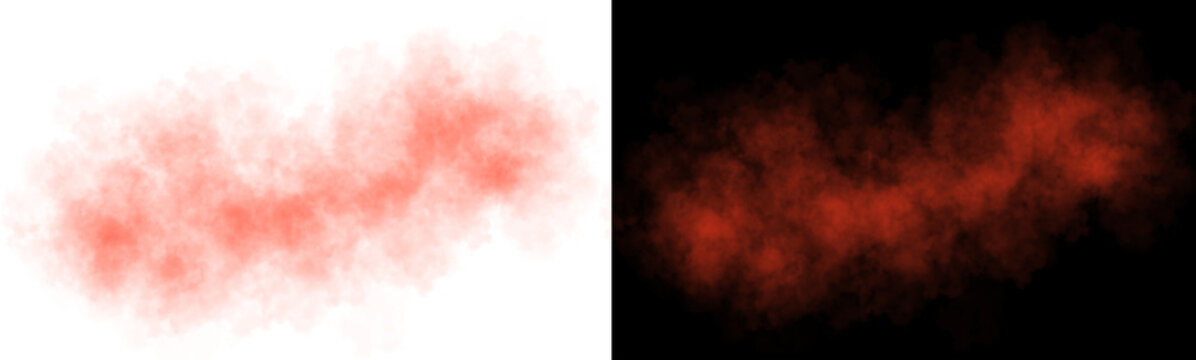 Realistic red smoke cloud with soft edges and transparent texture shown on white and black backgrounds for design use