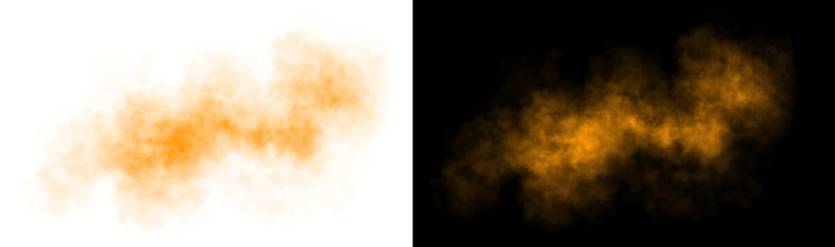 Realistic orange smoke cloud with soft edges and transparent texture shown on white and black backgrounds for design use