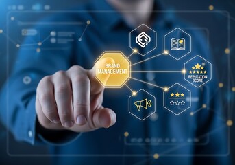 A person in a blue shirt is pointing at a virtual screen with the words risk management on it, surrounded by icons representing various aspects of risk management