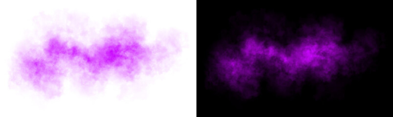 Realistic pink purple smoke cloud with soft edges and transparent texture shown on white and black backgrounds for design use