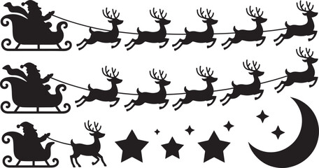 Santa Claus in Sleigh Pulled by Reindeer with Moon and Stars Silhouettes Keywords: santa claus, santa, sleigh, reindeer, moon, stars, night, christmas, holiday, winter, season, december