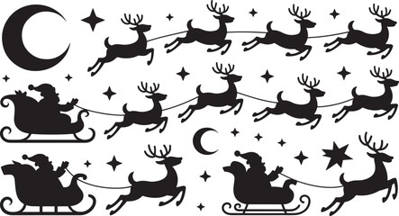 Multiple Santa Claus Sleighs with Reindeer, Moon and Stars Silhouettes Keywords: santa claus, santa, sleigh, reindeer, moon, stars, night, christmas, holiday, winter, season, december, celebration